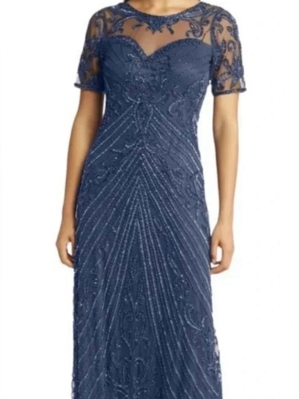 Pisarro Nights Illusion Beaded Mesh Column Gown Dark Teal Blue Size 2 NWT